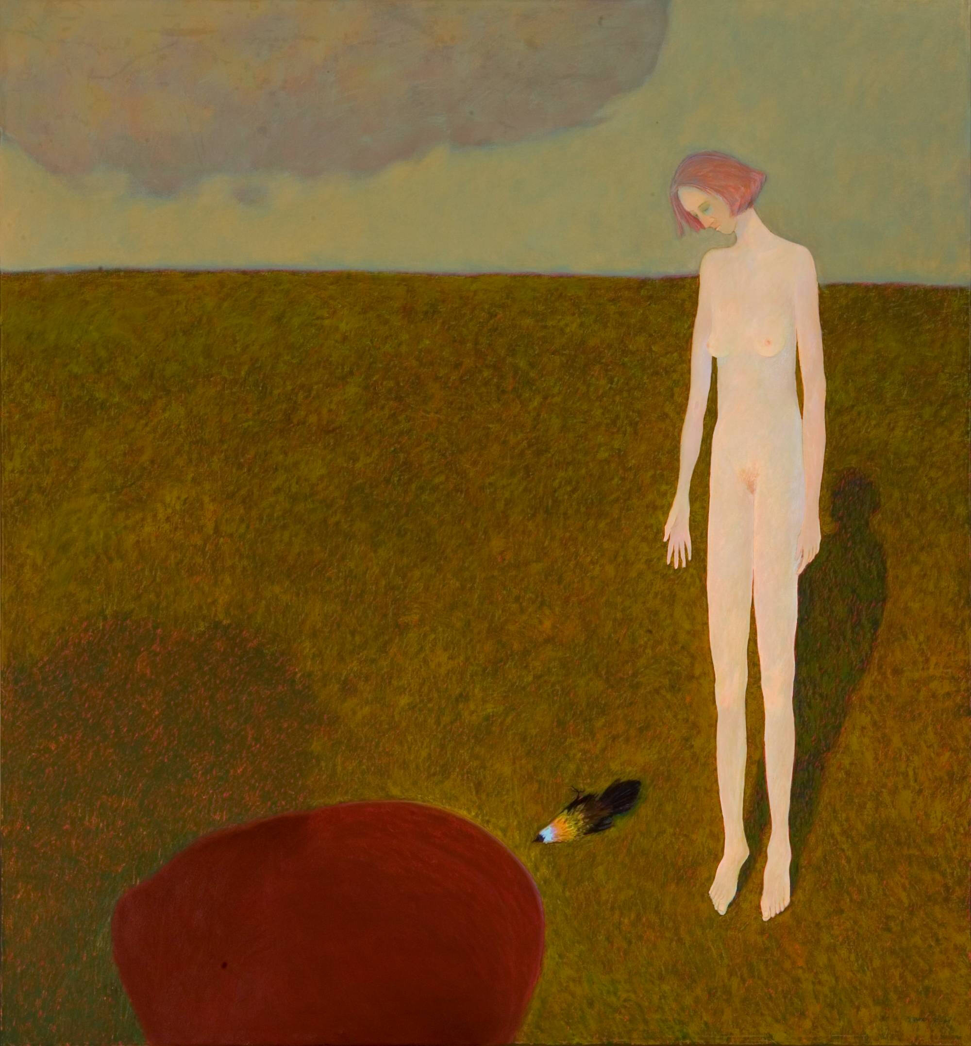 An oil painting of a nude figure with short chin length auburn hair looking down and reaching towards a bird that is lying on the grass they are standing on.